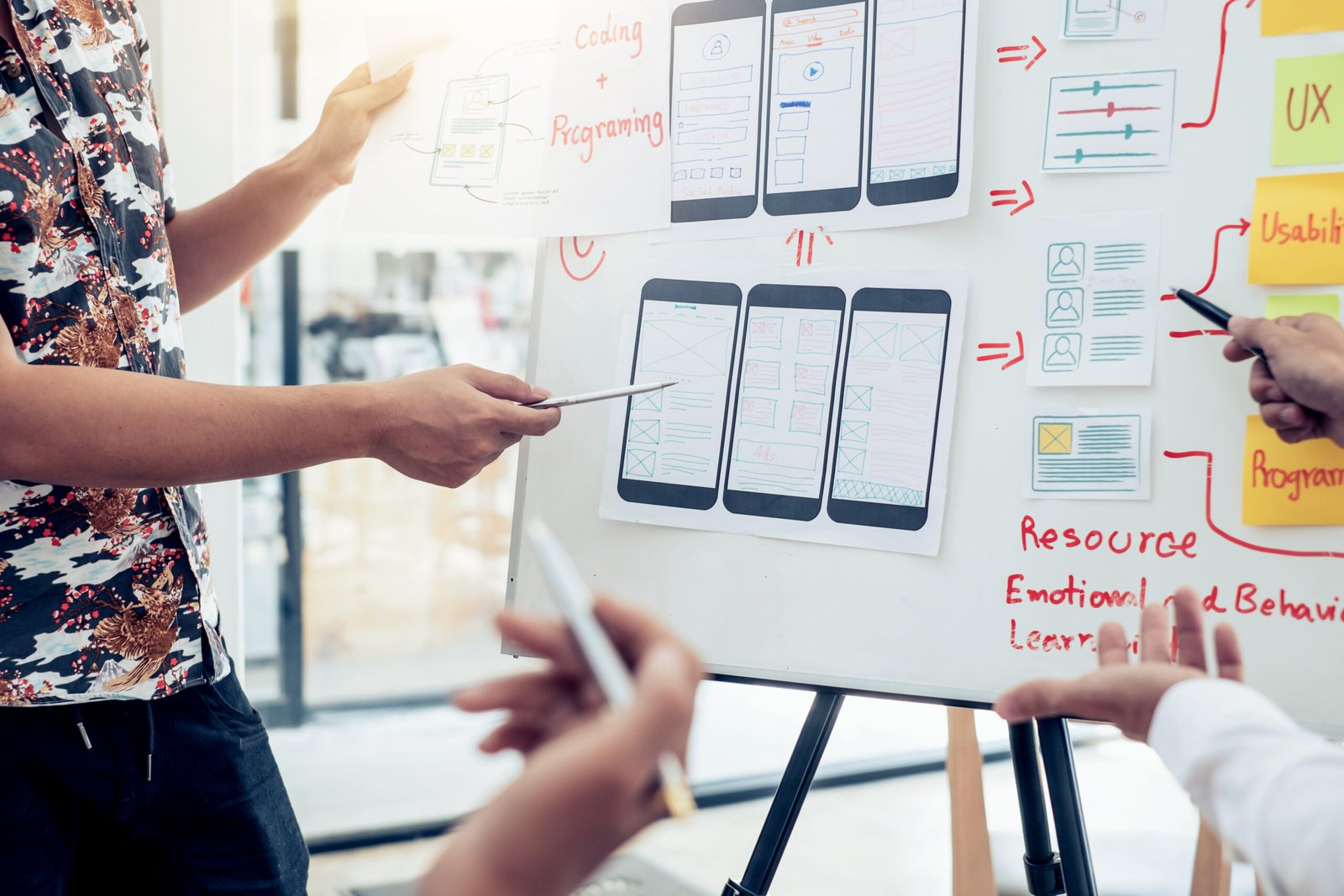 Designers planning to work together Draw application program in mobile phone and website development.