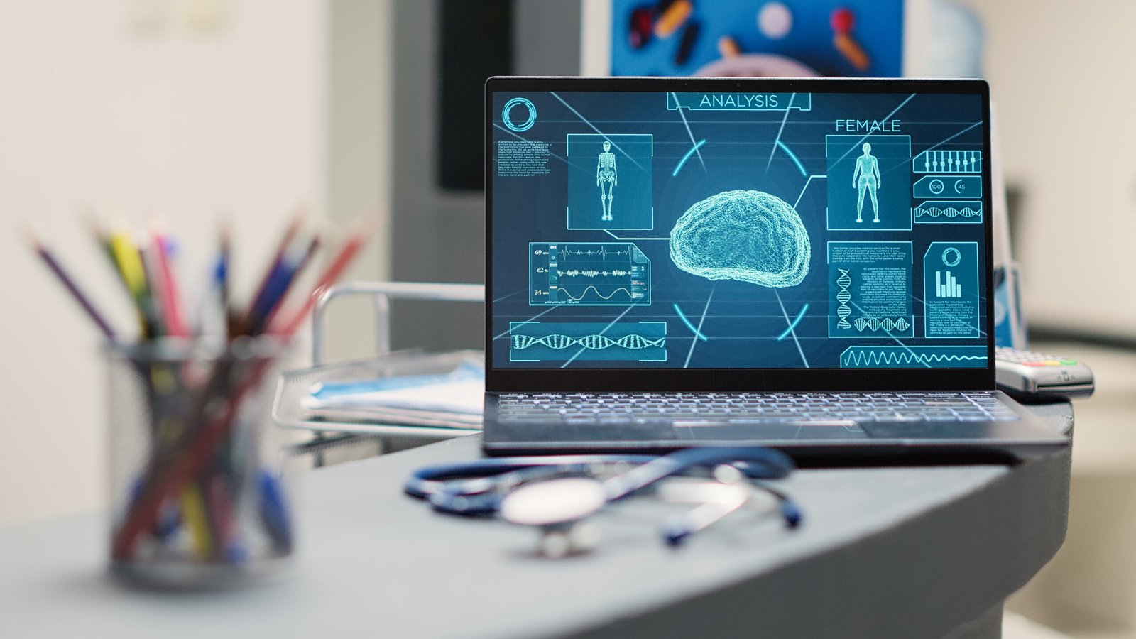 Laptop with human brain scan on desk, neurology x ray running on display in empty registration lobby. Diagnostic center with neural system tomography for neuroscience. Close up. Handheld shot.