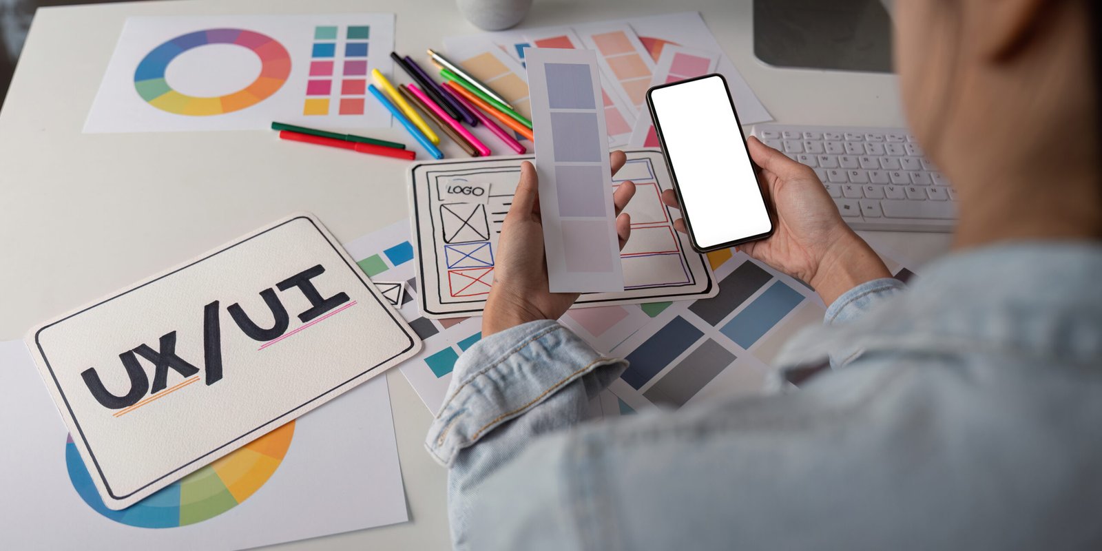 Woman hands holding a smartphone white screen mockup over modern graphic designer office desk.