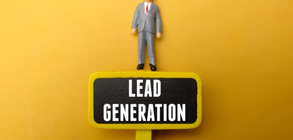 Miniature people and wooden board with the word Lead Generation on yellow background.