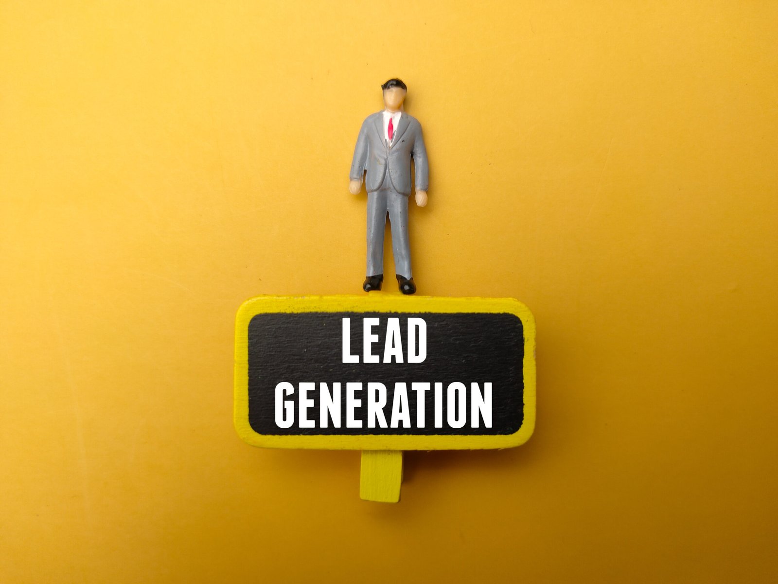 Miniature people and wooden board with the word Lead Generation on yellow background.