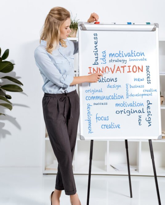 businesswoman looking and pointing at presentation on white board in office