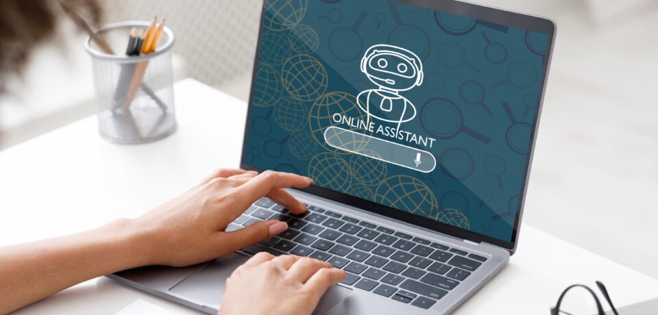 Virtual business assistant, artificial intelligence in business process, chatbot. Cropped of black woman entrepreneur using online assistant on laptop, typing on computer keyboard at office, collage
