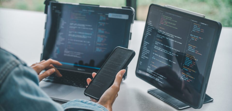 Female programmer working on coding, software development and web design.Concept technology development.