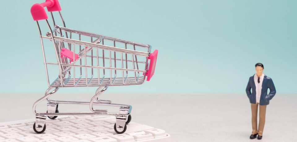 Collection of shopping cart  full of shopping time.Top view or flat lay composition cart on color background.online shopping concept.