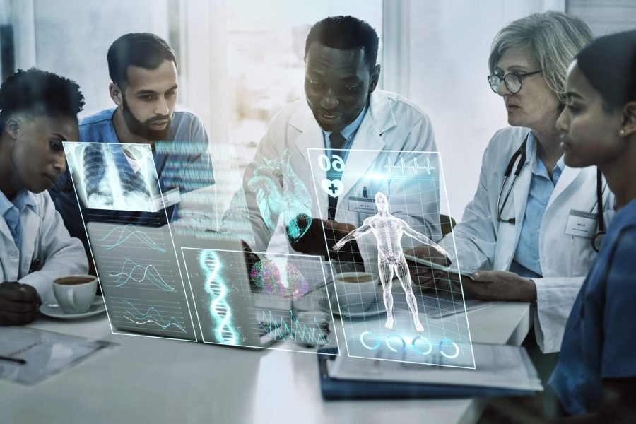 Laptop, team work or doctors in meeting with 3d holographic overlay for anatomy research in hospita.