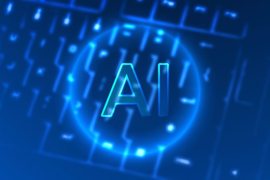Closeup of a black computer keyboard Neon AI on a keyboard